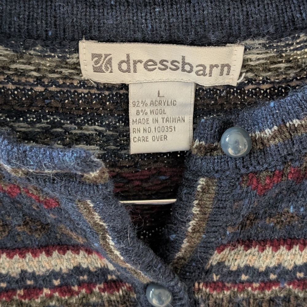 Vintage Fair Isle Abstract Geometric Button Front Cardigan Sweater In Navy - Picture 5 of 5